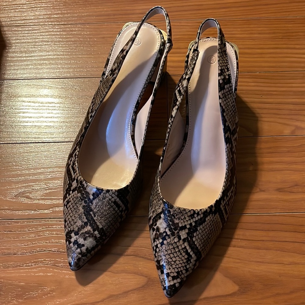 JeimPoey Womens Slingback Block Heels Snakeskin Point Toe Pumps